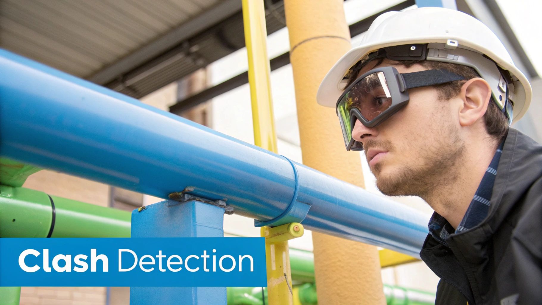 An engineer wearing a hard hat and safety goggles examines industrial pipes, demonstrating clash detection.