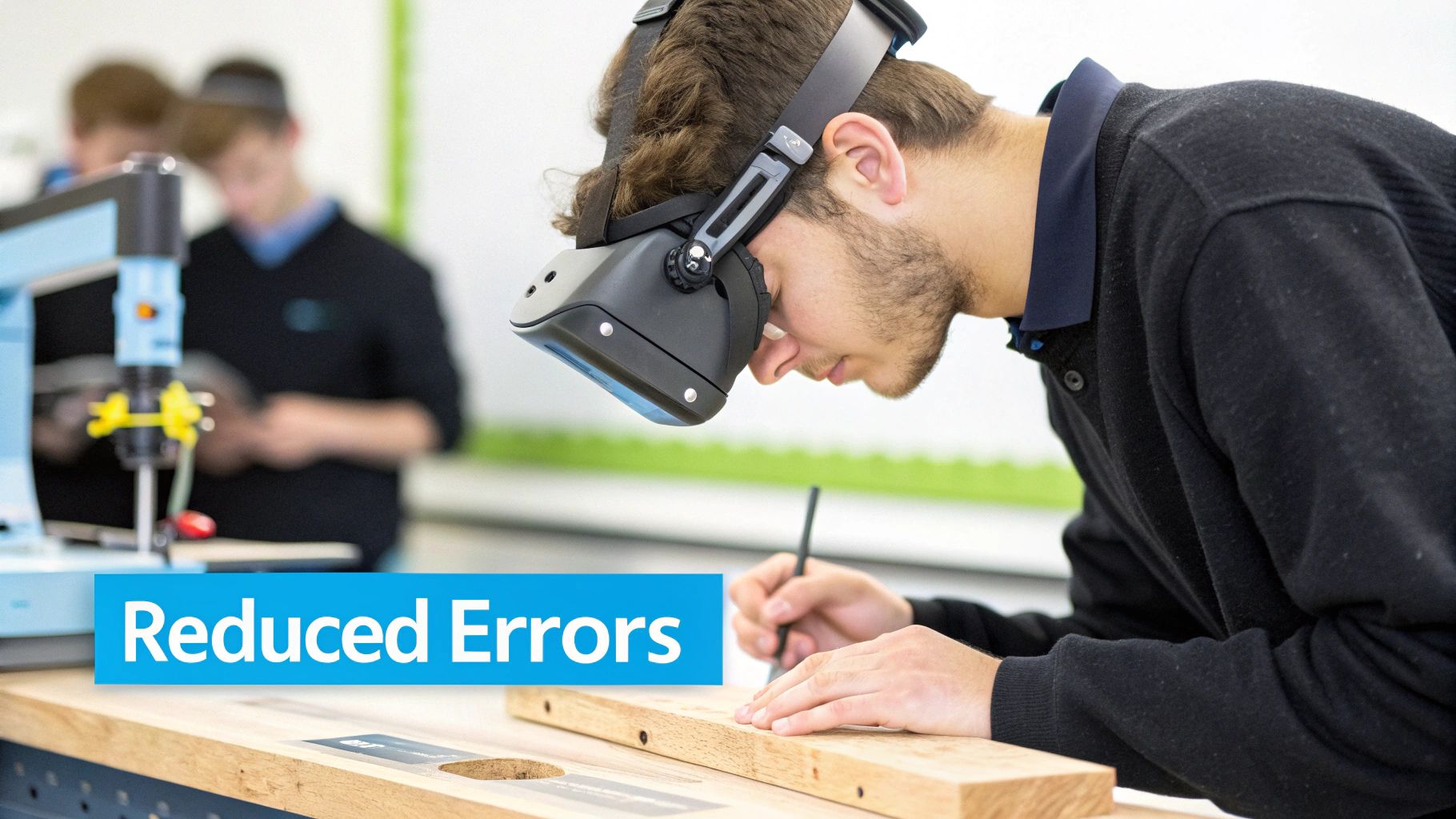 A person wearing an augmented reality headset meticulously marks a wooden piece, demonstrating error reduction in training.