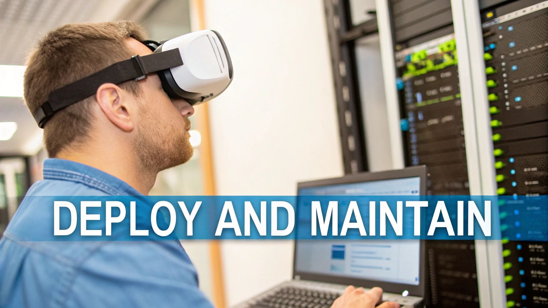 IT technician wearing VR headset managing server infrastructure for virtual reality application deployment and maintenance