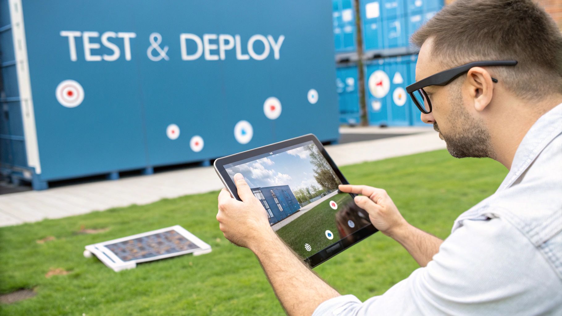 A person pointing a tablet at industrial machinery, illustrating an AR implementation strategy.