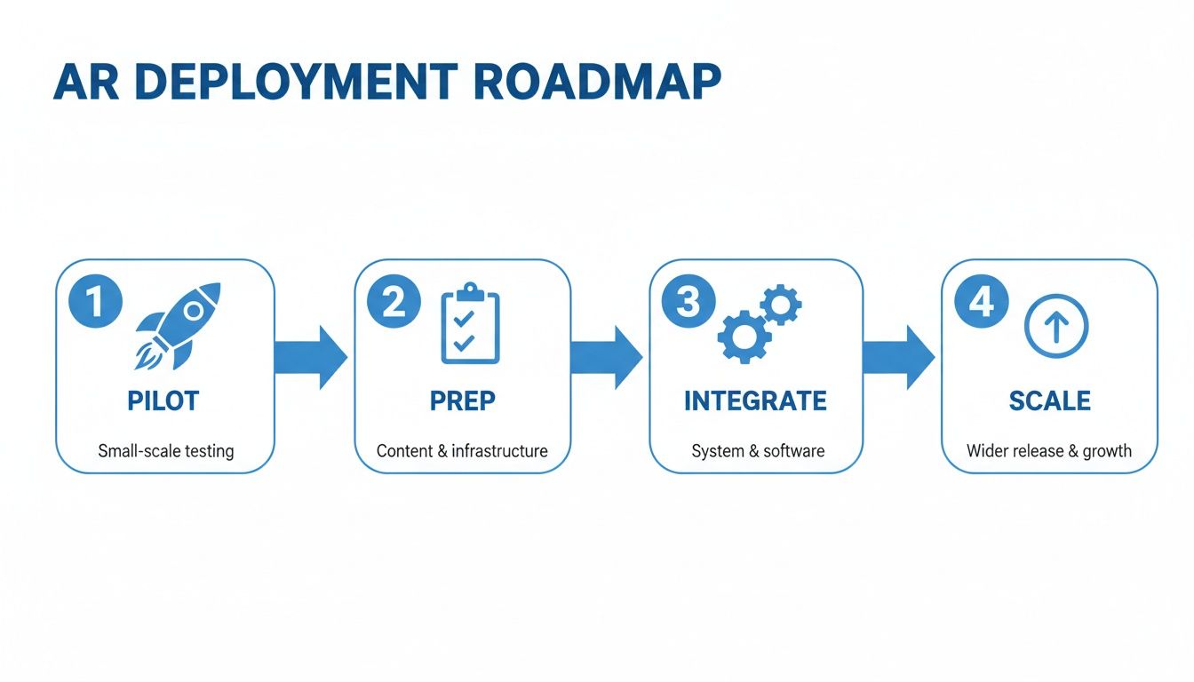 AR Deployment Roadmap showing four steps: Pilot, Prep, Integrate, and Scale with descriptions.