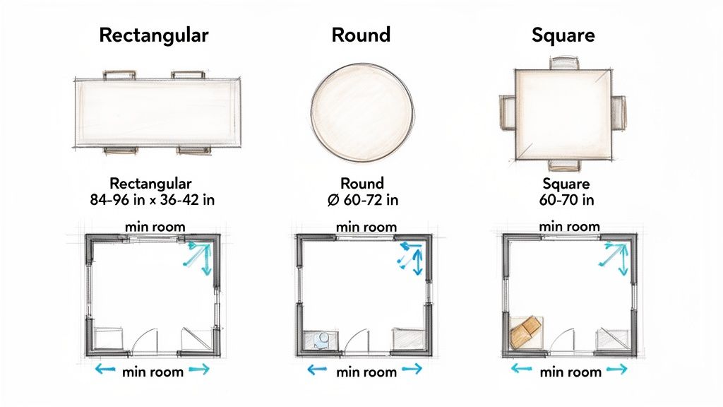 Diagram showing rectangular, round, and square dining table dimensions with minimum room space requirements.