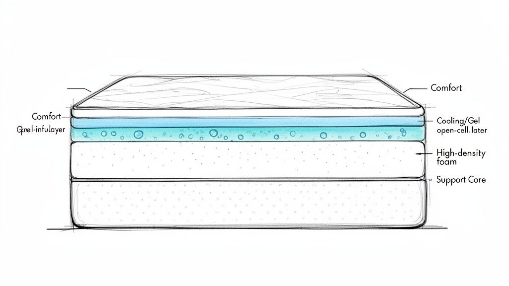 Detailed cross-section diagram illustrating the various comfort, cooling gel, high-density foam, and support layers of a mattress.