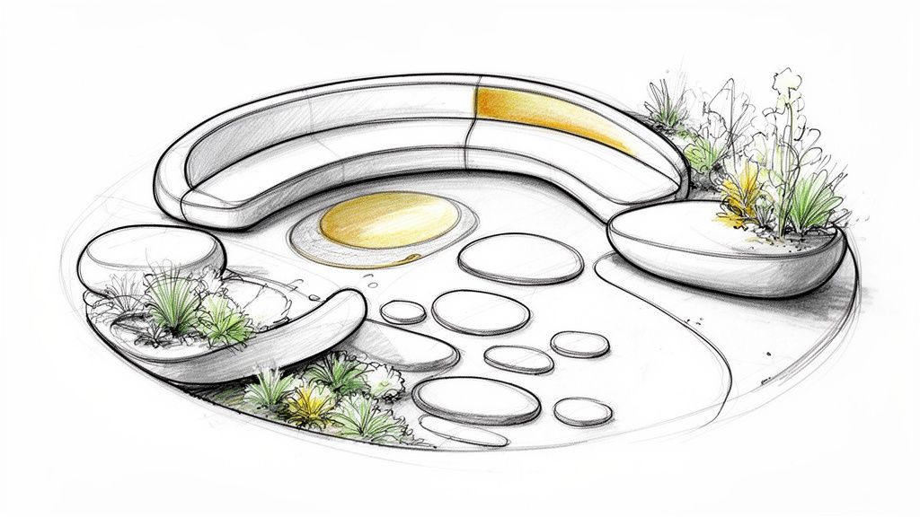 Pencil sketch of an elegant outdoor furniture arrangement featuring a curved sofa, green plants, and stepping stones.