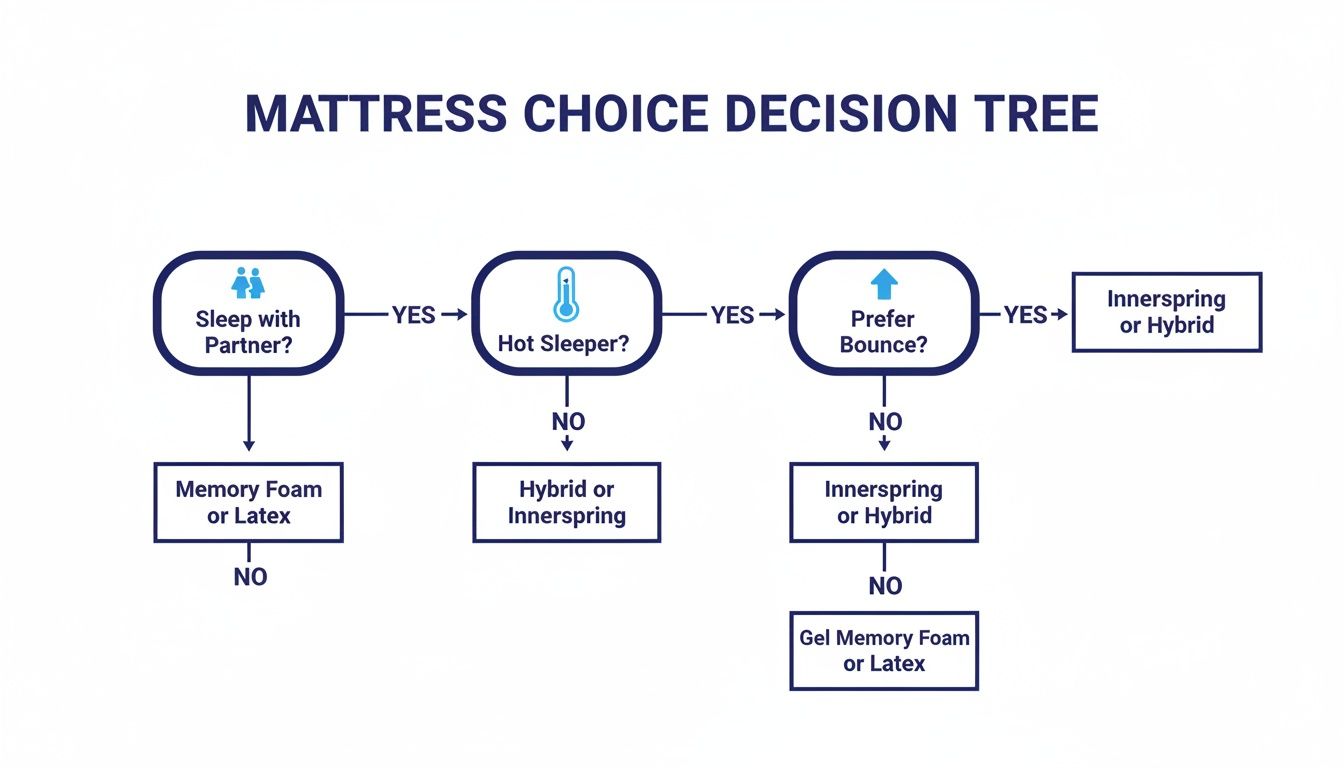 A mattress choice decision tree flowchart helping users decide between memory foam, latex, innerspring, or hybrid.