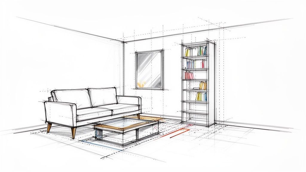 Architectural sketch of a modern living room with a white sofa, coffee table, mirror, and bookshelf.