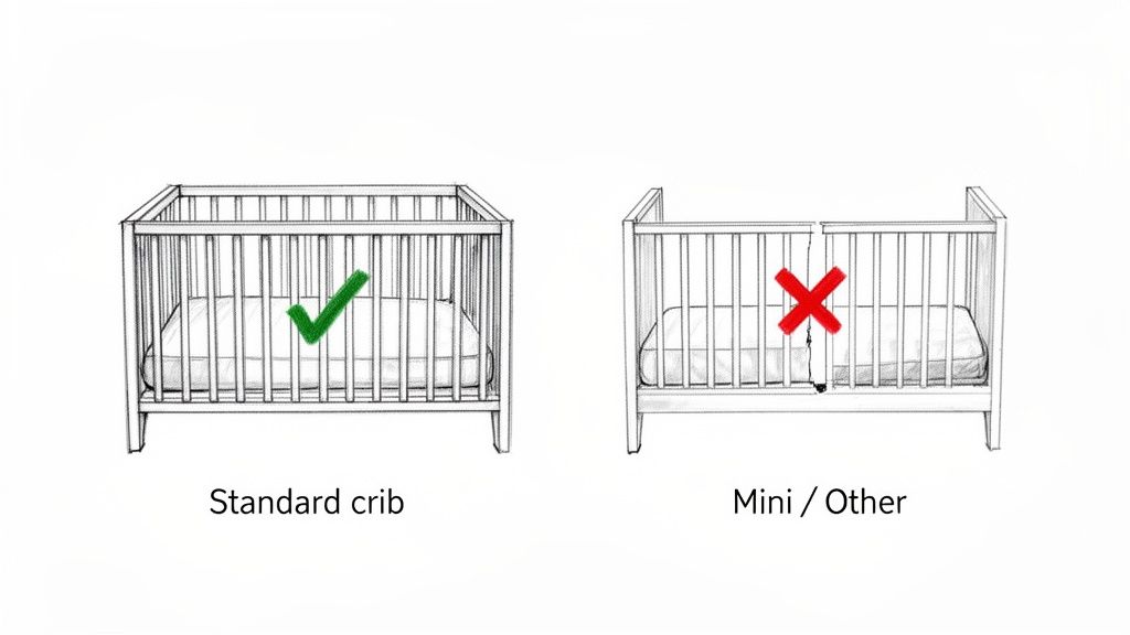Illustration comparing a safe standard crib (green check) with an unsafe mini crib (red X).
