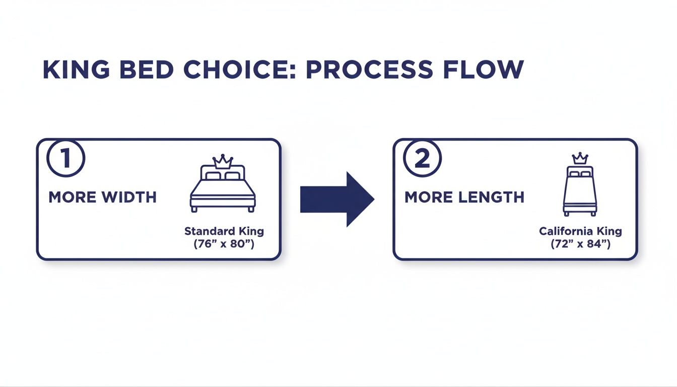 Flowchart comparing king bed dimensions: Standard King (76x80) for width, California King (72x84) for length.