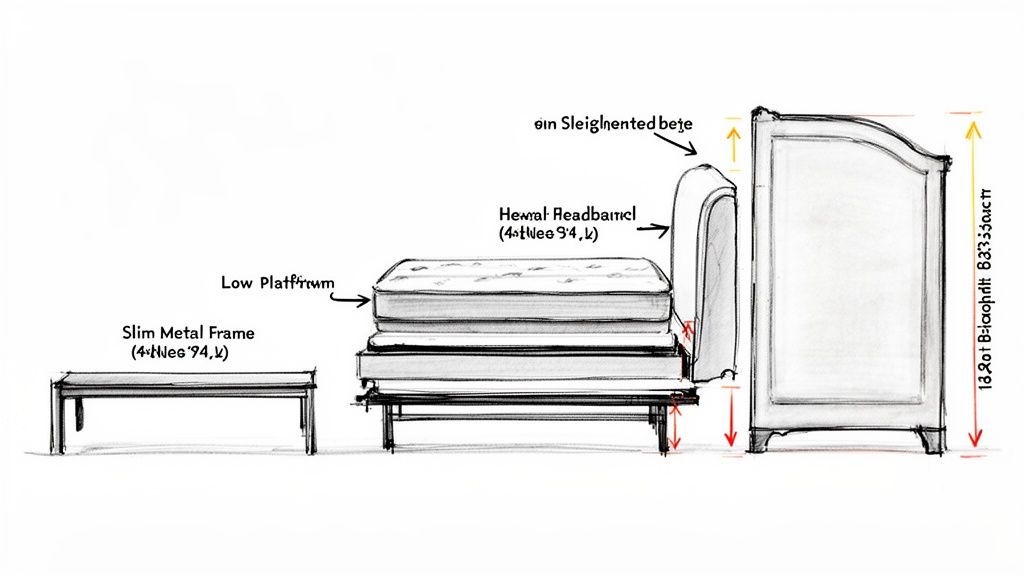A sketch showing various bed components like a metal frame, platform, mattresses, and headboard with dimensions.