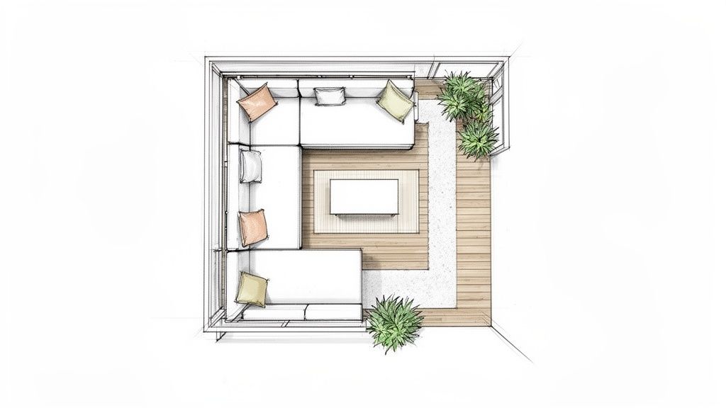 Architectural sketch of a a modern outdoor deck, featuring an L-shaped sofa, coffee table, and plants.
