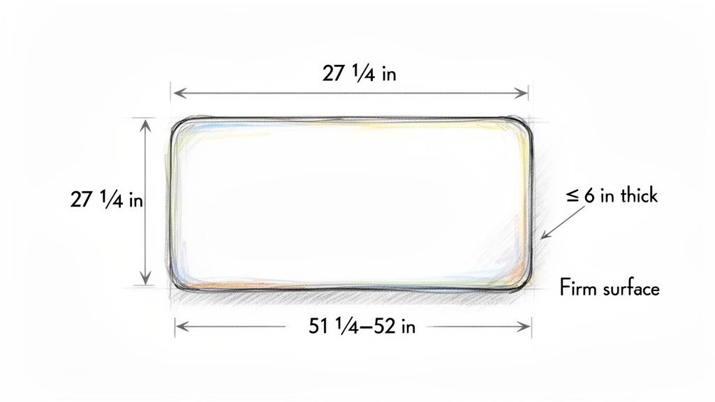 Standard crib mattress dimensions: 27 1/4 by 51 1/4-52 inches, up to 6 inches thick, firm surface.