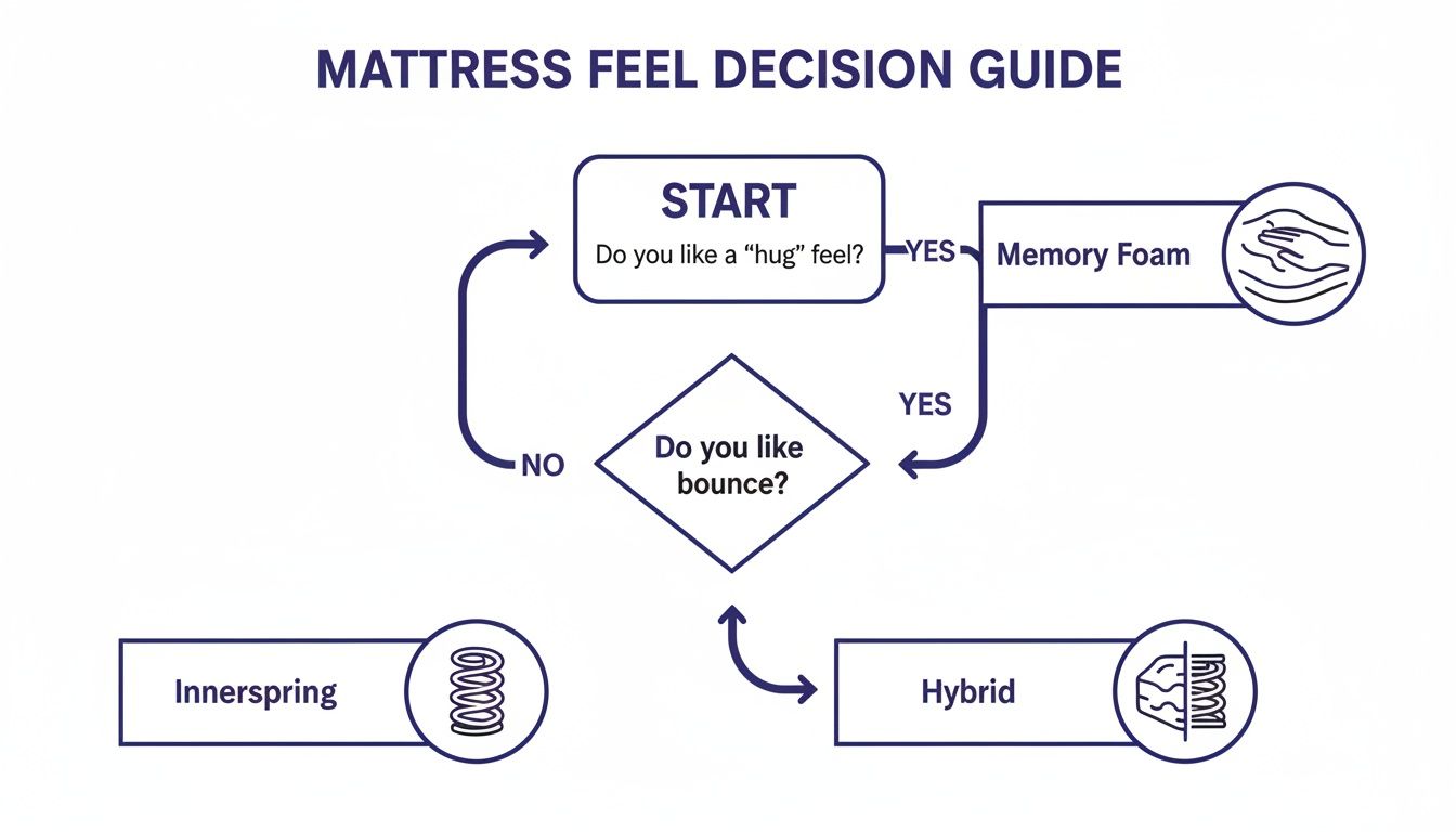 Flowchart guiding mattress feel decision based on hug or bounce preference.