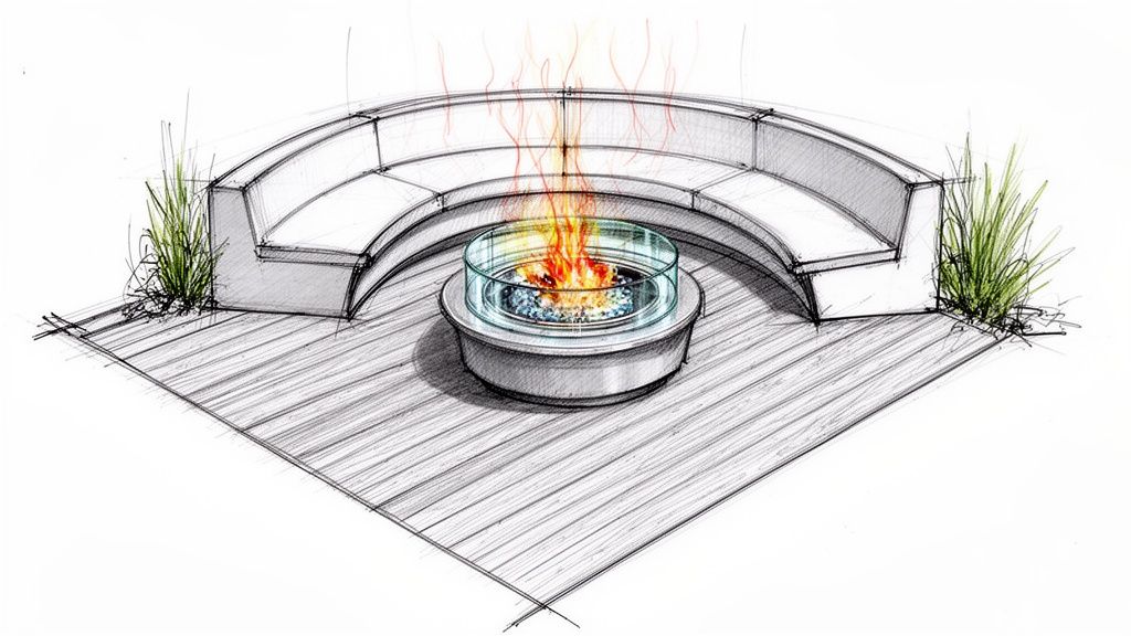 Illustrated design of a a modern outdoor deck with a semicircular seating area and a central fire pit.