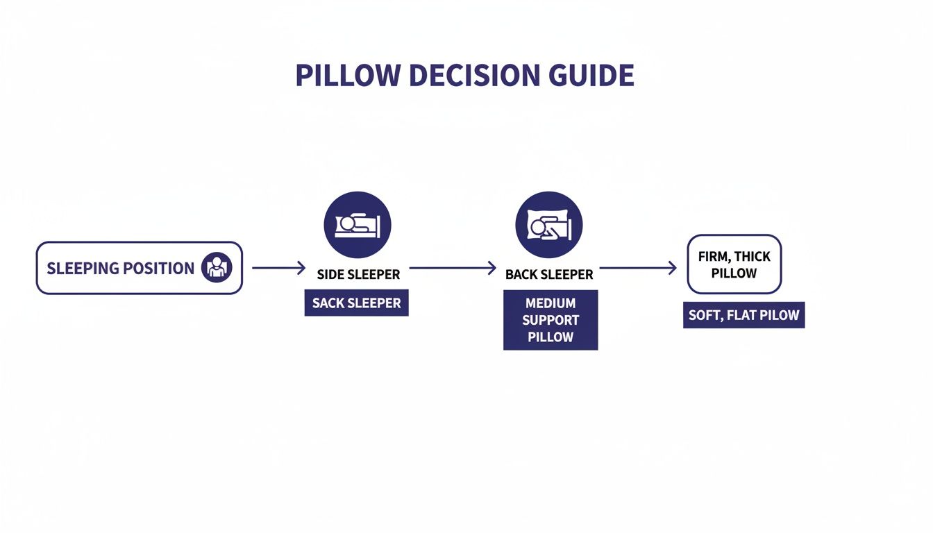 Pillow Decision Guide flowchart illustrating recommendations for different sleeping positions.