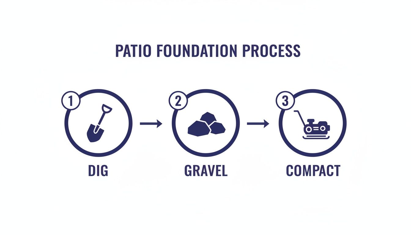 Diagram illustrating the three steps of patio foundation: dig, gravel, and compact.
