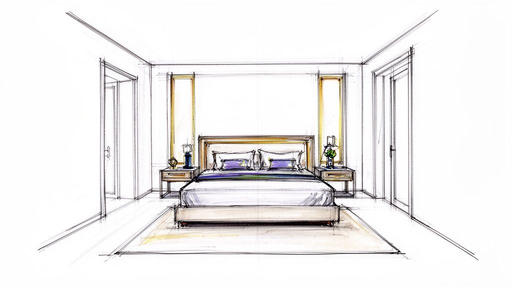 A hand-drawn sketch of a contemporary bedroom layout featuring a bed, two nightstands, and two doors.