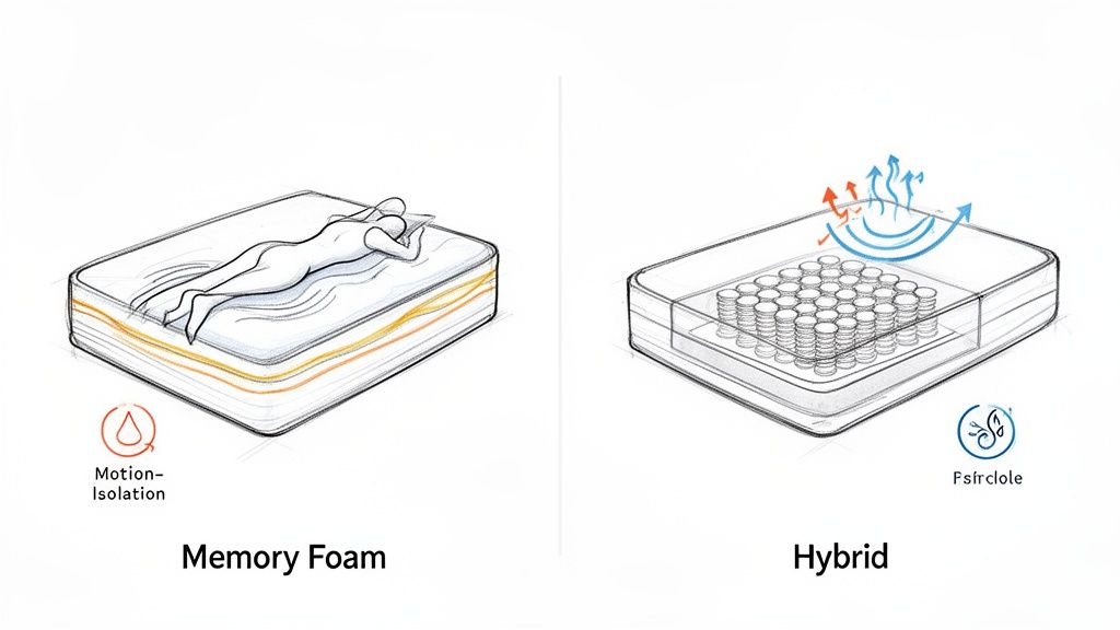Illustrations comparing memory foam mattress motion isolation with hybrid mattress breathability and support features.
