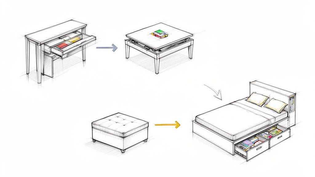 Sketches illustrating convertible furniture: a console table becoming a coffee table, and an ottoman transforming into a bed with storage.