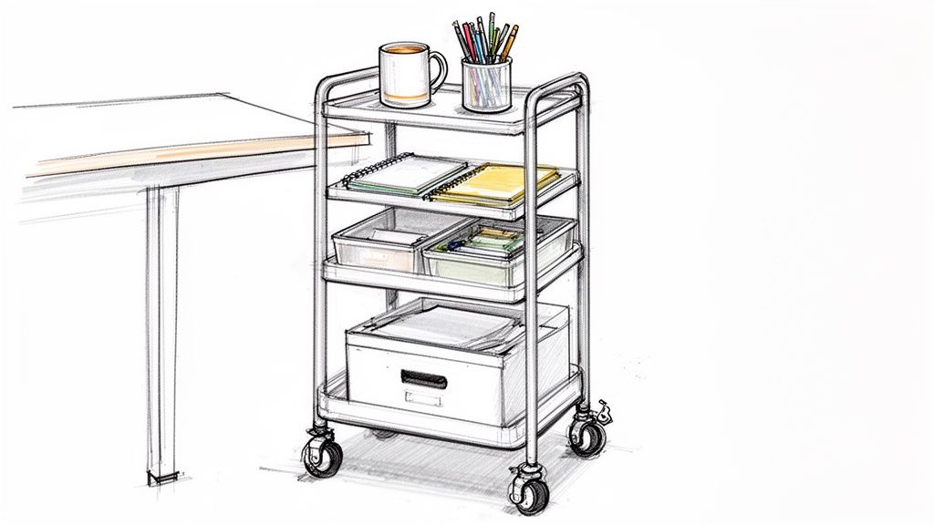 A four-tier metal rolling utility cart organized with various office supplies next to a desk.