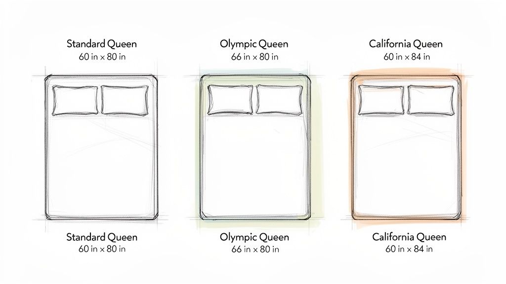 Illustration comparing standard, Olympic, and California queen bed sizes with their dimensions.