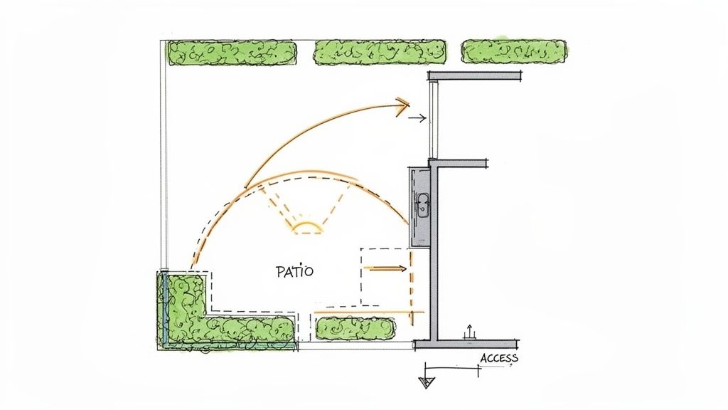 Top-down architectural plan illustrating a patio layout with surrounding landscaping and building access.