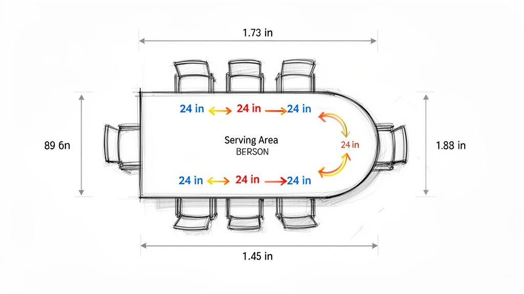 Top-down view of an 8-seater dining table, showing dimensions, serving area, and 24-inch spacing.