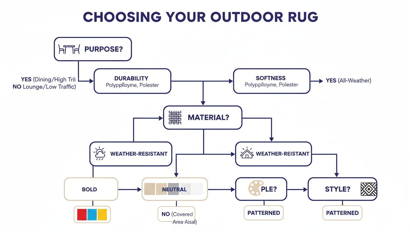 Flowchart guiding the selection of an outdoor rug based on purpose, durability, material, and style.