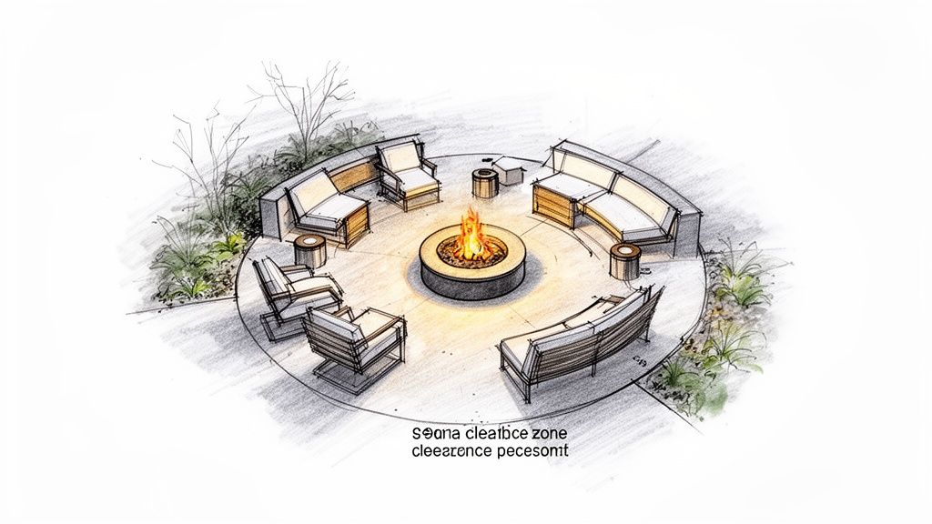 A hand-drawn sketch of a circular outdoor patio with a fire pit, surrounding sofas, chairs, and side tables.