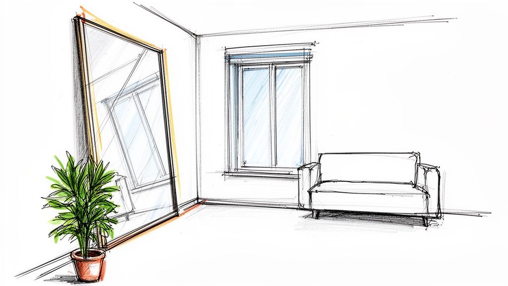 Hand-drawn sketch of a living room with a large mirror, potted plant, window, and armchair.