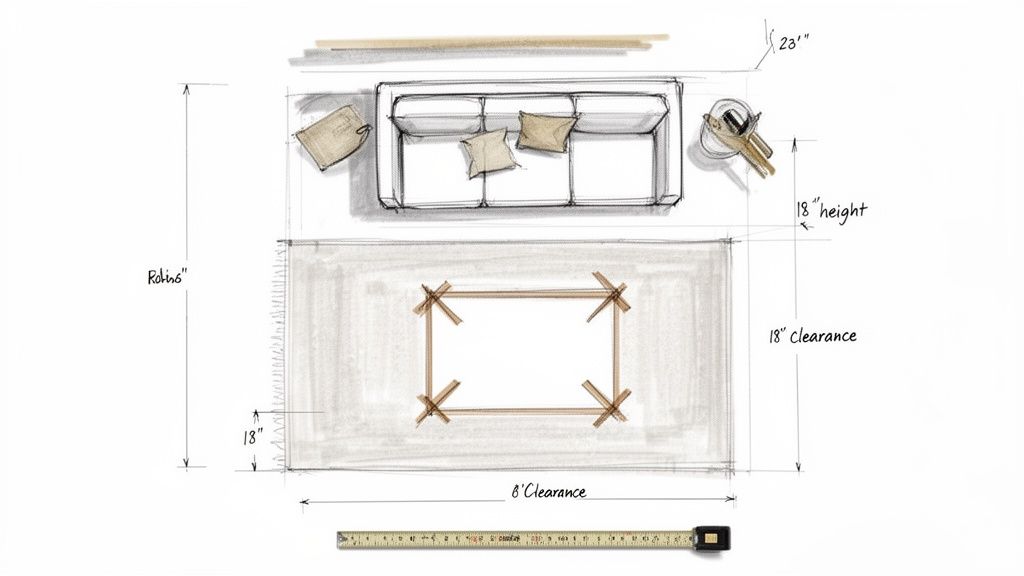 Top-down sketch of a living room layout showing sofa, rug, coffee table, and furniture dimensions.