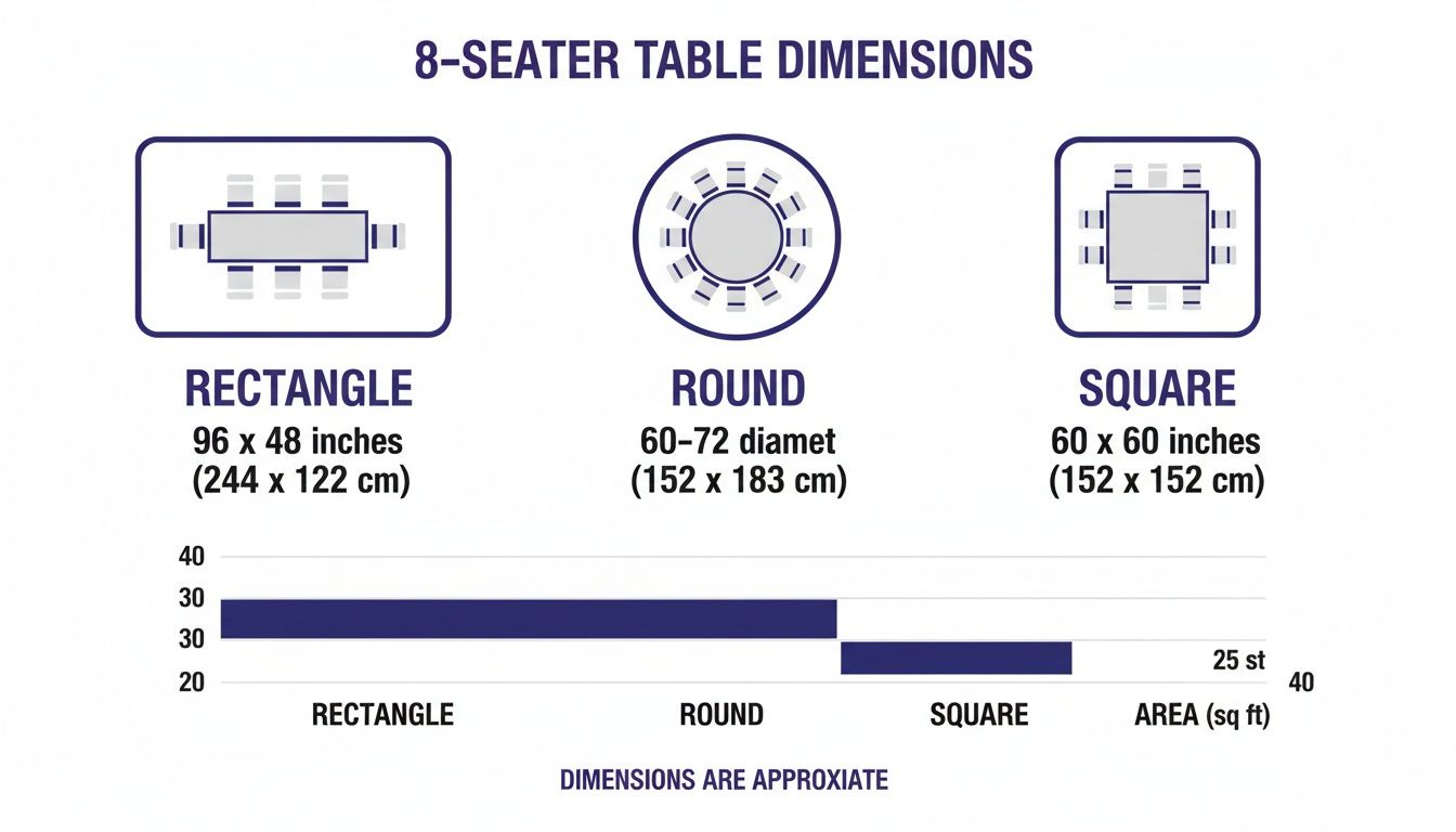 Diagram illustrates dimensions and area for 8-seater rectangular, round, and square dining tables.