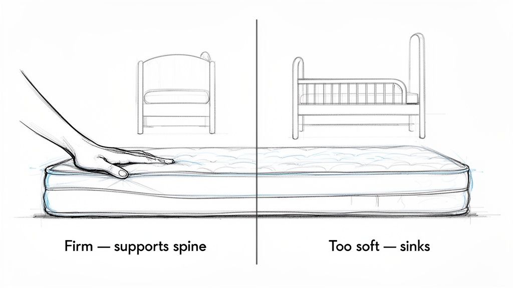 Illustration comparing a firm mattress that supports a child's spine to a soft mattress that sinks.