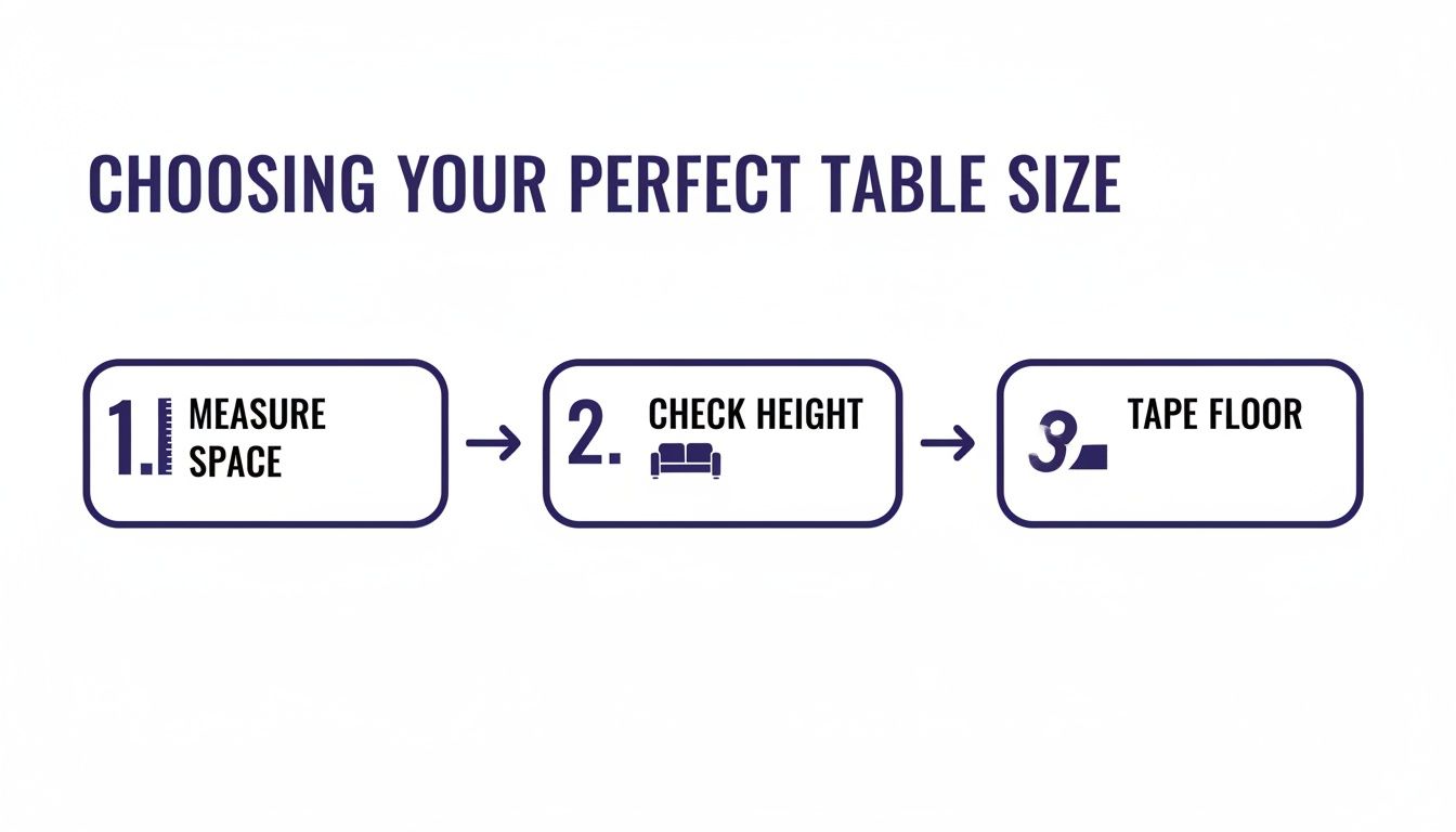 A diagram outlining three steps to choosing the perfect table size: measure space, check height, and tape floor.