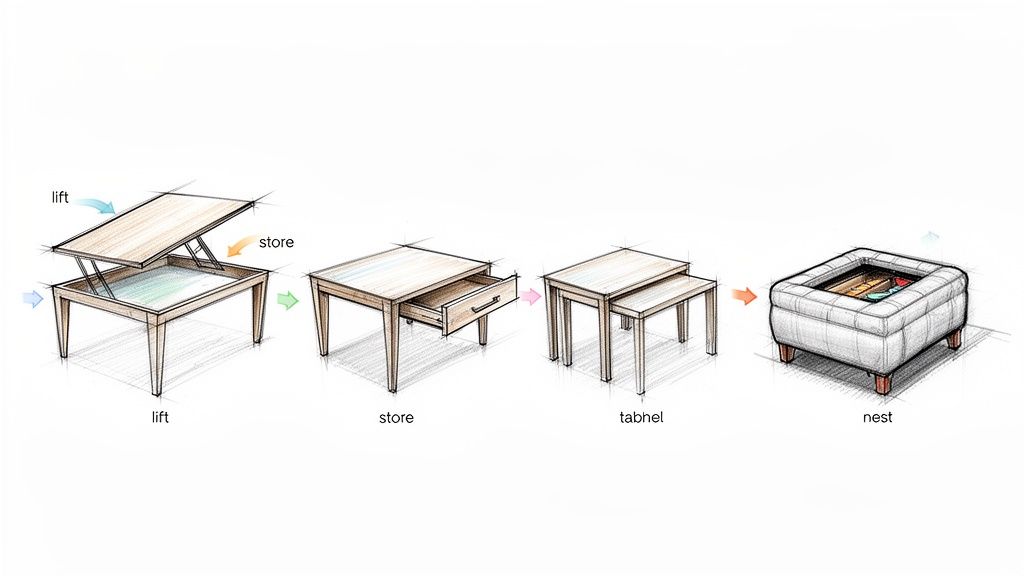 Four sketch illustrations demonstrate various functional coffee table designs, including lift-top, storage, nesting, and ottoman with storage.