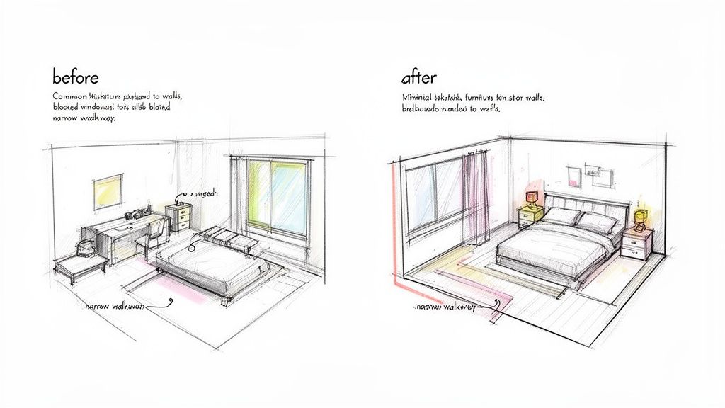 Sketches illustrating 'before' and 'after' bedroom furniture arrangements for improved space.