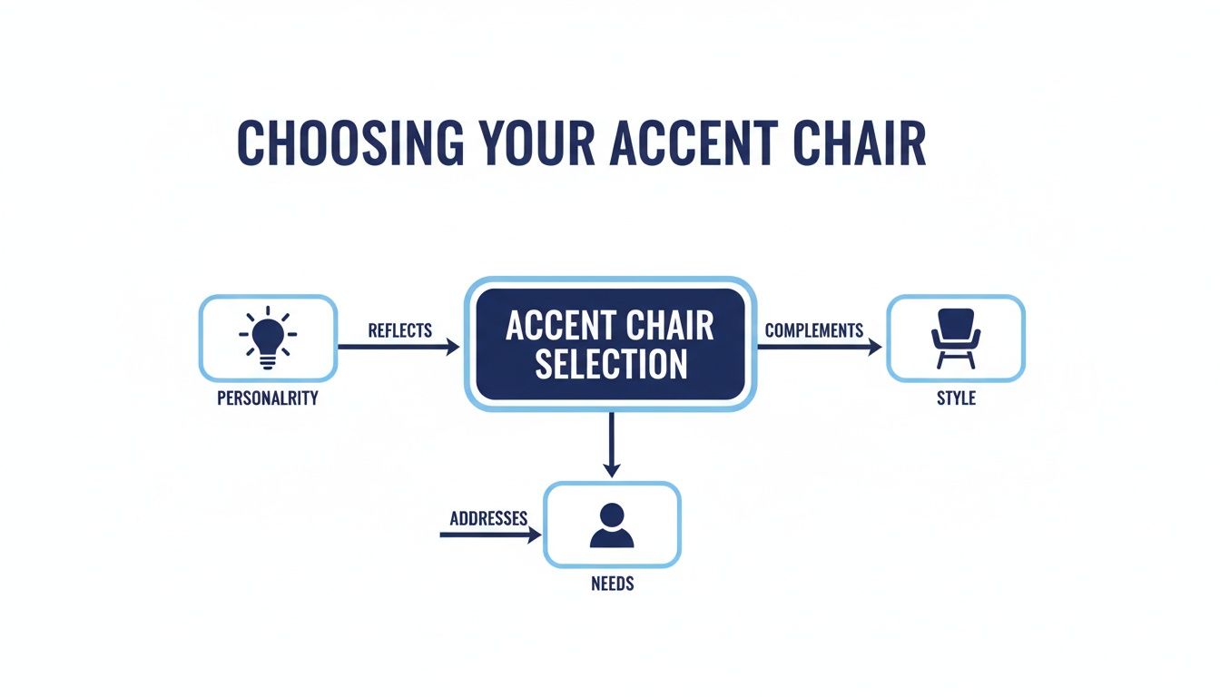 Flowchart illustrating how personality, style, and needs influence accent chair selection decisions.