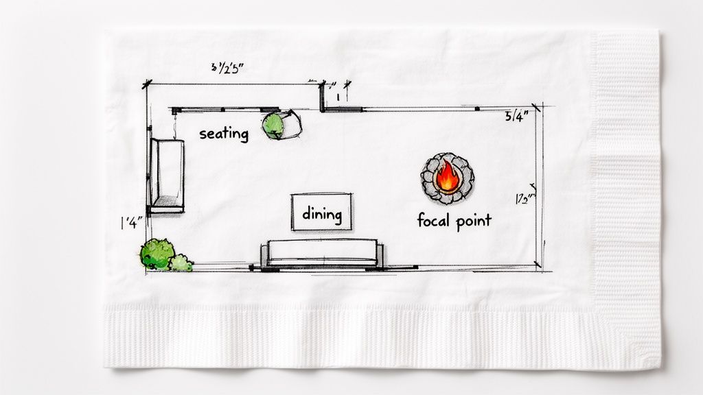 Hand-drawn patio furniture arrangement blueprint on a napkin with seating, dining, and fire pit areas.