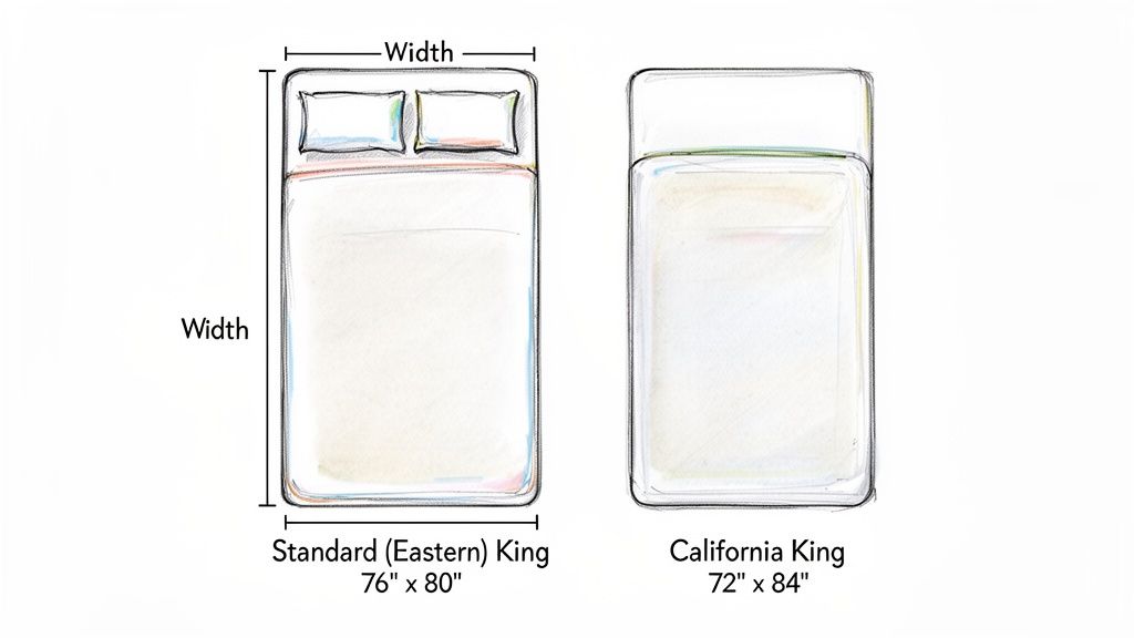 Visual comparison of Standard (Eastern) King and California King bed dimensions, showing width and length.