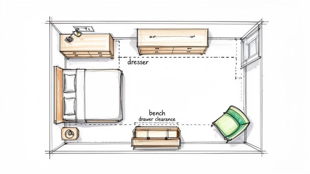 A top-down sketch of a bedroom layout with a bed, nightstand, dresser, bench, and armchair, including clearance lines.