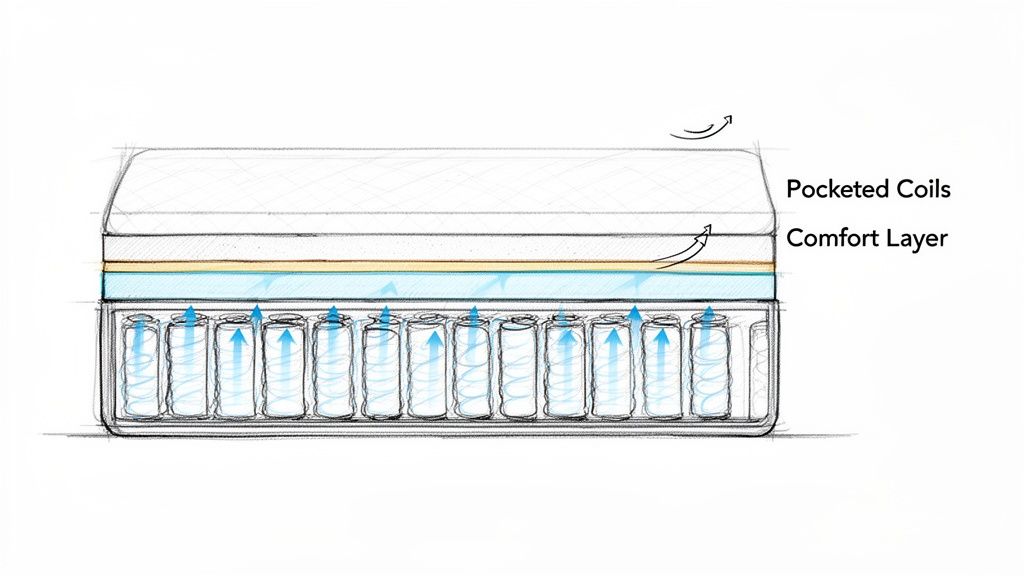 Cross-section diagram of a mattress showing internal layers: top pocketed coils, comfort layers, and individual pocketed coils with air circulation.