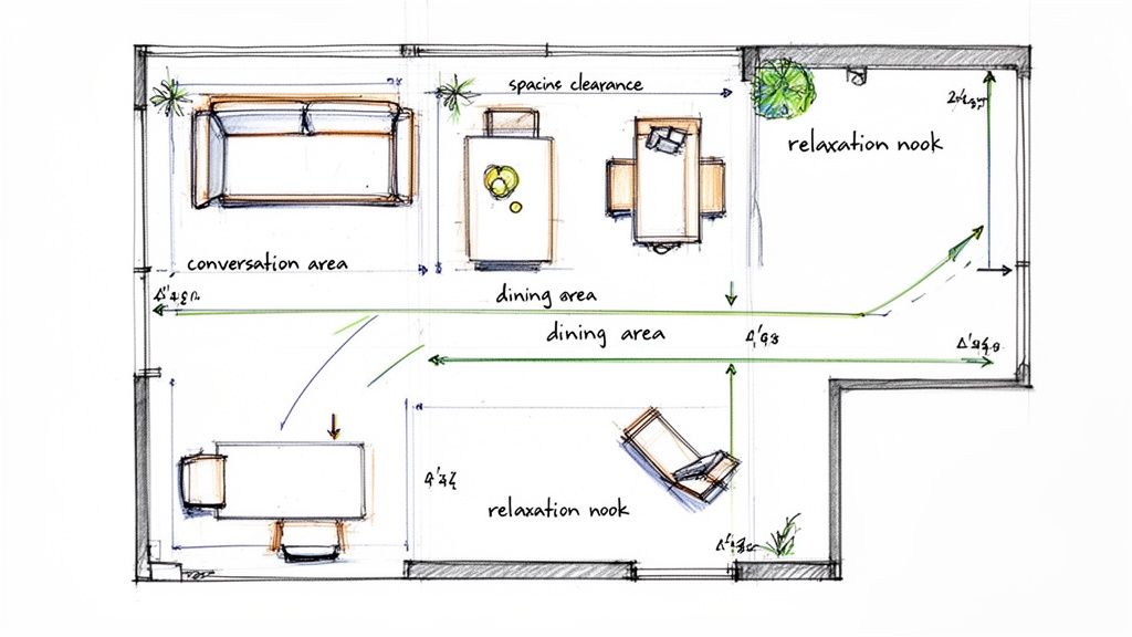 Hand-drawn floor plan sketch showing conversation, dining, and relaxation areas with furniture layout.