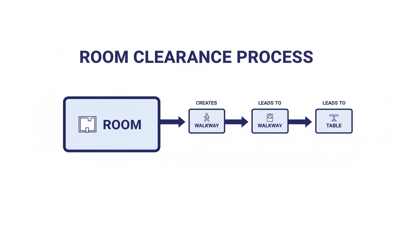 A flowchart titled 'Room Clearance Process' shows steps from 'Room' to 'Walkway', then to another 'Walkway', and finally to 'Table'.