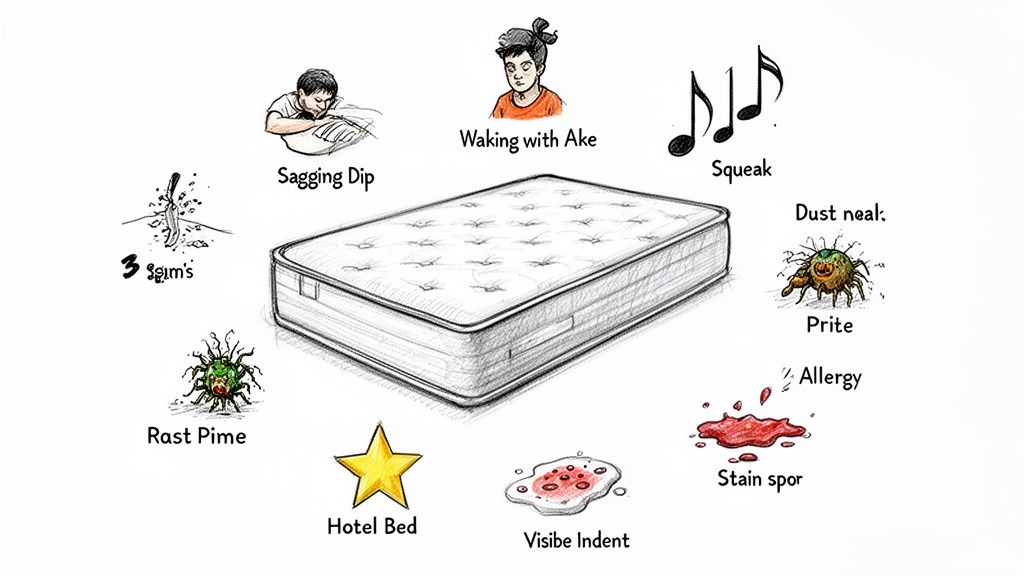 An illustration of a mattress surrounded by various common problems like sagging, squeaks, stains, and pests.