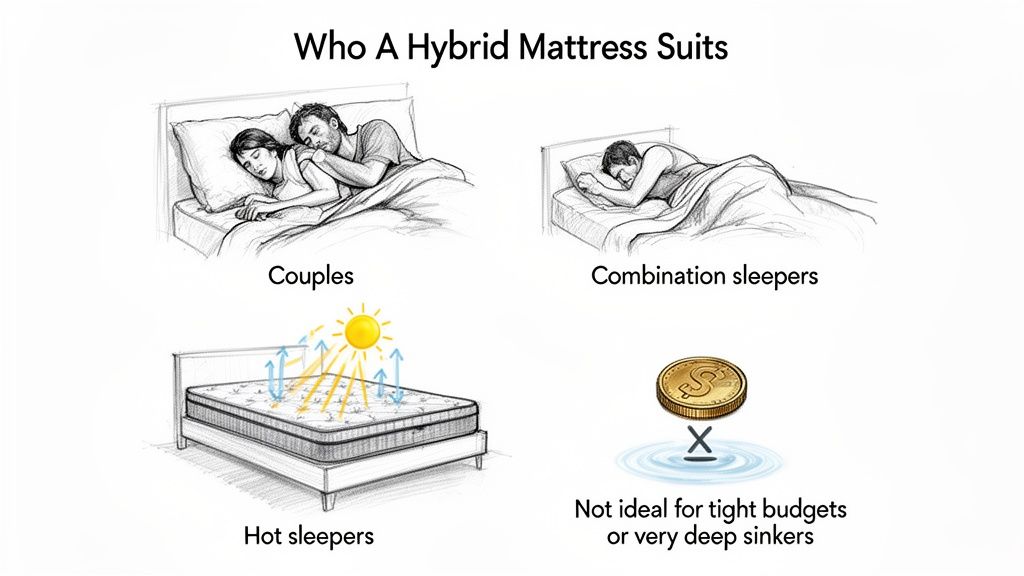Infographic detailing who hybrid mattresses suit: couples, combination, and hot sleepers; not for tight budgets or deep sinkers.
