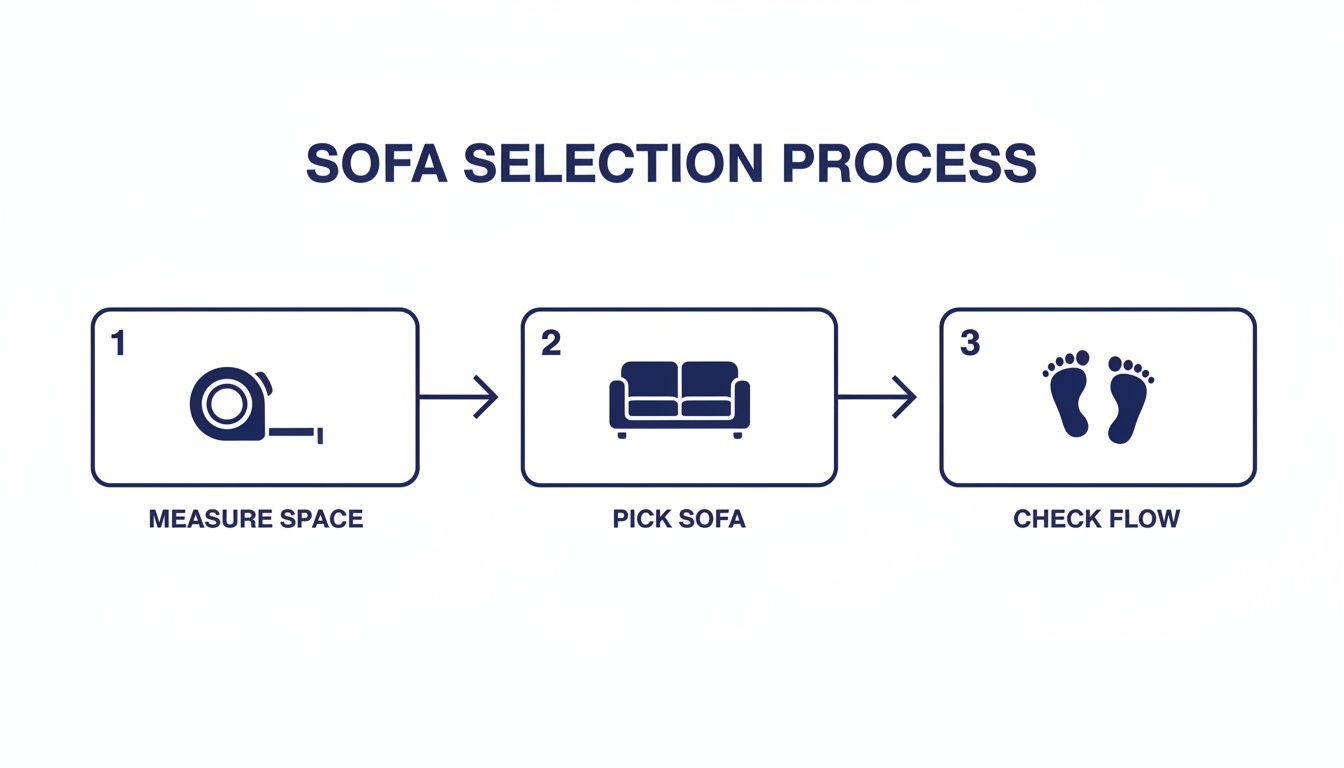 A three-step infographic outlining the sofa selection process: measuring space, picking a sofa, and checking room flow.