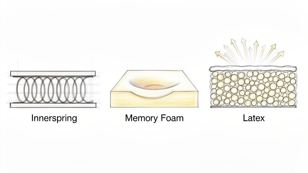 Three mattress cross-sections illustrating innerspring, memory foam, and latex structures.