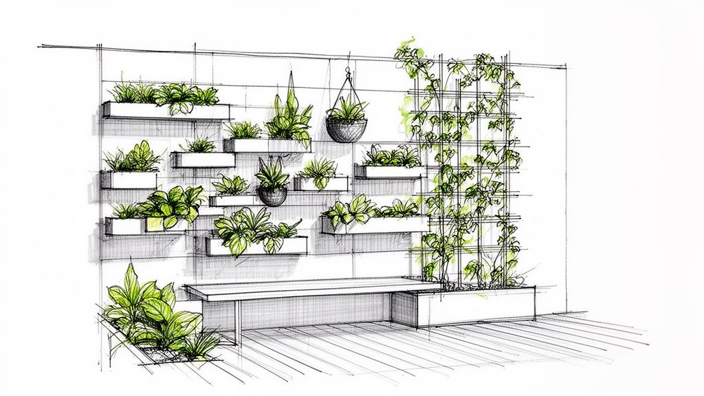 A detailed sketch illustrates a a modern vertical garden with various plants, a bench, and decking.