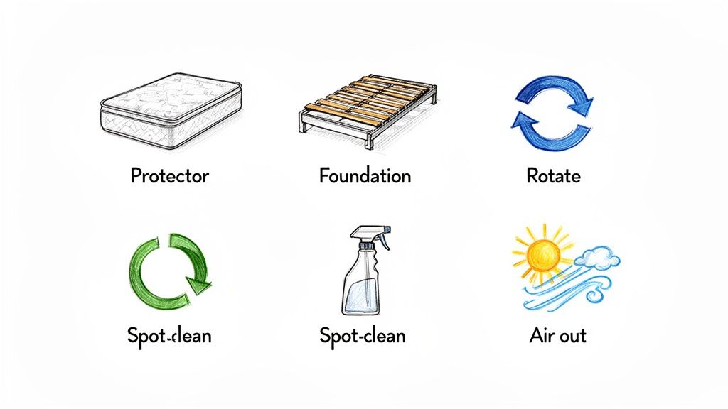 Illustration showing six tips for mattress care: protector, foundation, rotate, spot-clean, and air out.