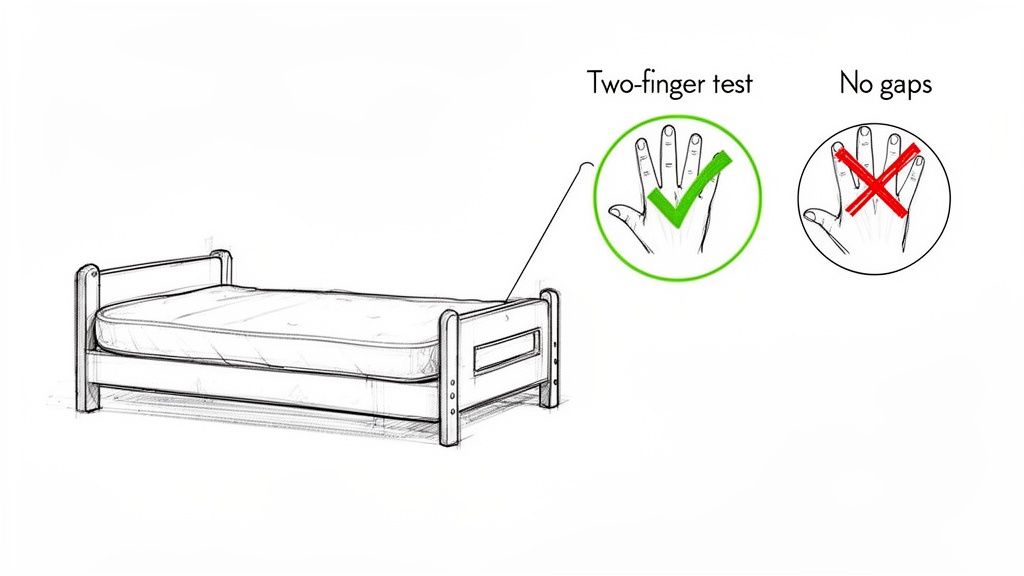 Image depicts a toddler bed, illustrating safety checks for mattress fit with a two-finger test and emphasizing no gaps.