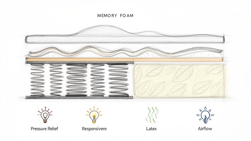 Detailed diagram of a memory foam mattress cross-section with springs, latex layer, and comfort features.